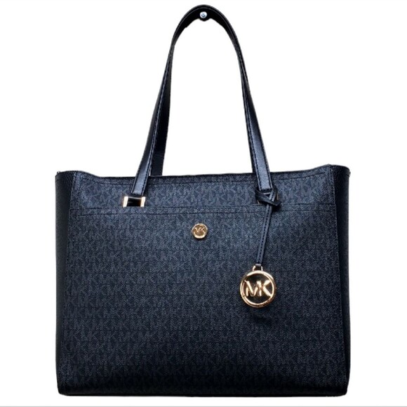 Michael Kors Handbags - MICHAEL KORS Signature Tote Bag – Black/Charcoal MK Logo, Gold Hardware